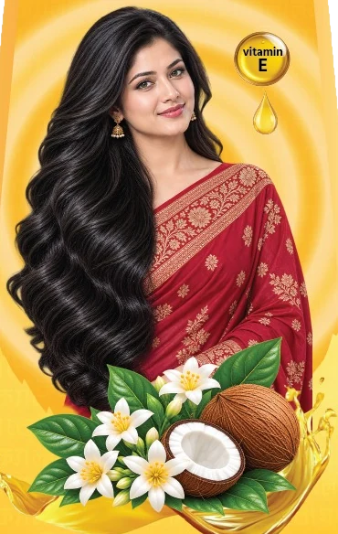 গন্ধরাজ এরোমা গোল্ডের বিজ্ঞাপনচিত্র: লম্বা ঝলমলে চুলে শাড়ি পরা নারী, সাথে ফুল ও নারকেল